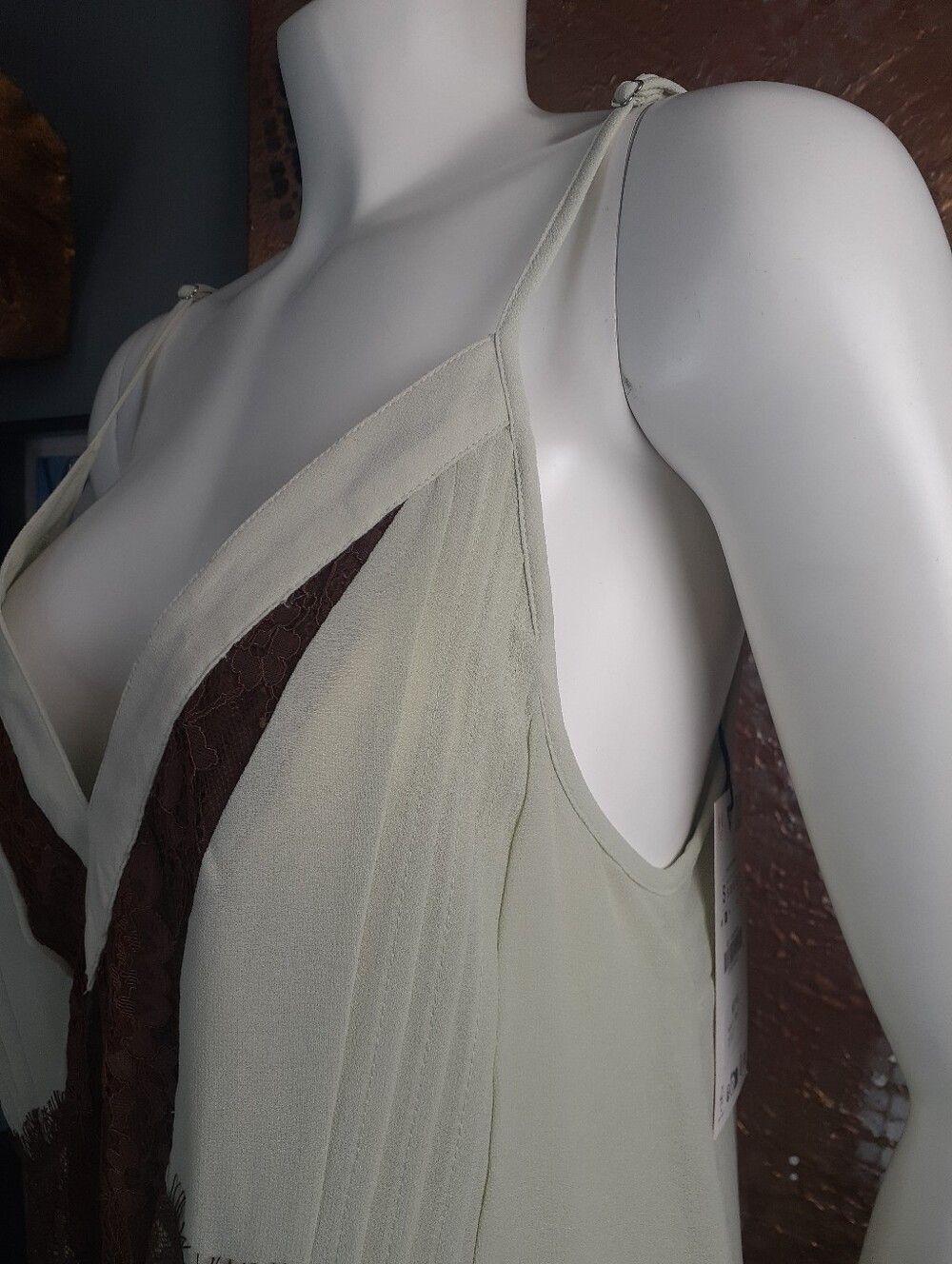 Zara Nwt Lace-Trim Chiffon Slip Dress in Pale Green and Chocolate Brown - Picture 9 of 16